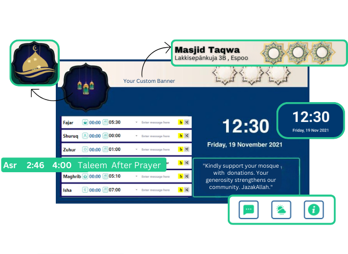 Core features of masjid panel icluding prayer times, widgets and digital clock